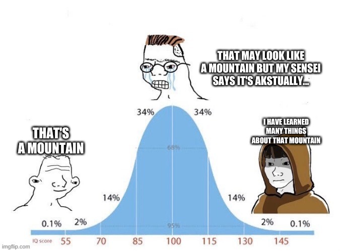 IQ bell curve meme. The idiot on the left says, that's a mountain. The genius on the right says, I have learned many things about that mountain. The midwit in the middle says, that may look like a mountain but my sensei says it's actually...